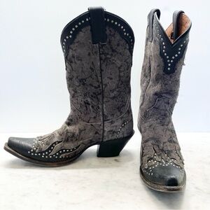 Harley-Davidson Gray Suede Black Leather Flame Studded Tall Cowboy Boots 9.5